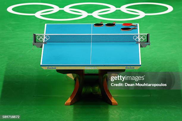 General view of the centre court and match table as Ning Ding and Liu Shiwen of China compete against Yihan Zhou and Tianwei Feng of Singapore during...