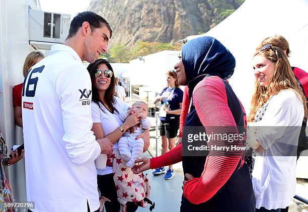 Michael Phelps and Ibtihaj Muhammad speak on the Today show set on Copacabana Beach on August 15, 2016 in Rio de Janeiro, Brazil.