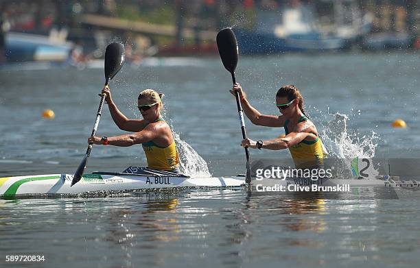 Alyce Burnett and Alyssa Bull of Australia compete in the Women's Kayak Double 500m Heat 1 on Day 10 of the Rio 2016 Olympic Games at Lagoa Stadium...