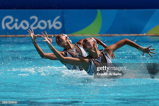 Xuechen Huang and Wenyan Sun of China compete in the Women's Duets Synchronised Swimming Technical Routine Preliminary Round on Day 10 of the Rio...