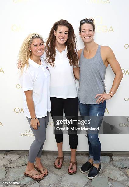 Amanda Weir, Alison Schmitt and Elizabeth Beisel of the Team USA Swim team OMEGA ambassador Jessica Ennis-Hill pictured at OMEGA House Rio 2016 on...