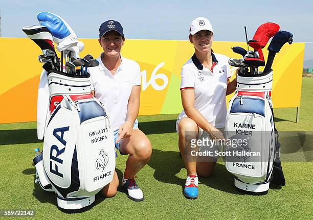Gwladys Nocera and Karine Icher of France pose together during a practice round prior to the start of the women's golf during Day 10 of the Rio 2016...