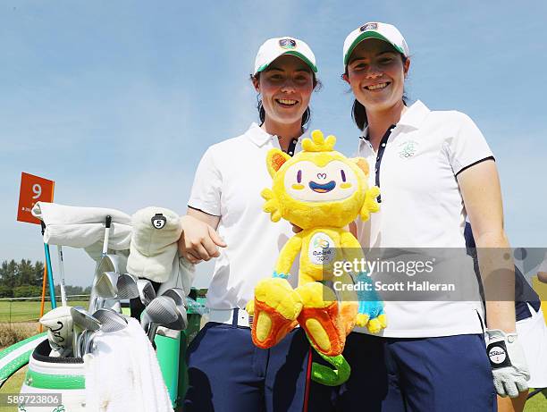 Lisa and Leona Maguire of Ireland pose together during a practice round prior to the start of the women's golf during Day 10 of the Rio 2016 Olympic...