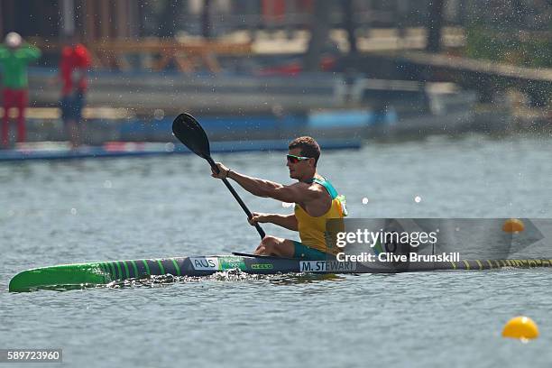 Murray Stewart of Australia competes in the Canoe Sprint Men's Kayak Single 1000m Semifinal 1 on Day 10 of the Rio 2016 Olympic Games at Lagoa...