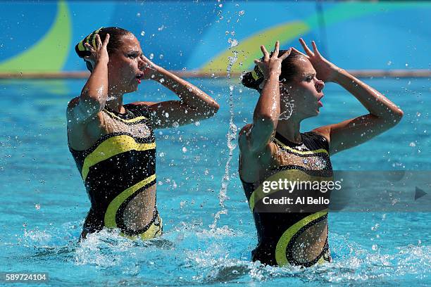 Alexandra Nemich and Yekaterina Nemich of Kazakhstan compete in the Women's Duets Synchronised Swimming Technical Routine Preliminary Round on Day 10...