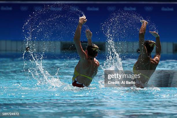 Katie Clark and Olivia Federici of Great Britain compete in the Women's Duets Synchronised Swimming Technical Routine Preliminary Round on Day 10 of...