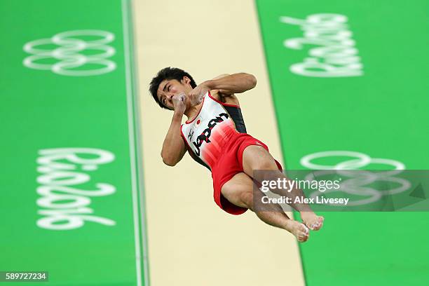 Kenzo Shirai of Japan competes in the Men's Vault Final on day 10 of the Rio 2016 Olympic Games at Rio Olympic Arena on August 15, 2016 in Rio de...