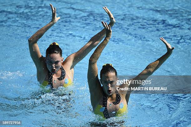 Great Britain's Katie Clark and Great Britain's Olivia Federici compete in the Duets Technical Routine preliminaries during the synchronised swimming...