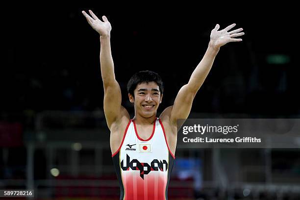 Kenzo Shirai of Japan waves after competing in the Men's Vault Final on day 10 of the Rio 2016 Olympic Games at Rio Olympic Arena on August 15, 2016...