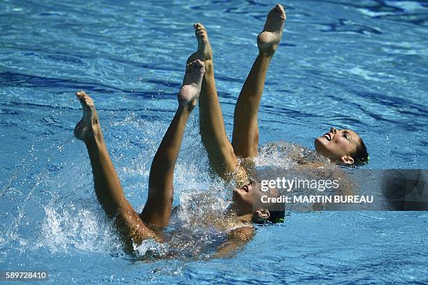 Brazil's Maria Eduarda Miccuci and Brazil's Luisa Borges compete in the Duets Technical Routine preliminaries during the synchronised swimming event...