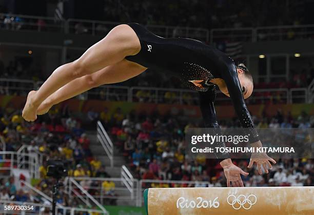 Romania's Catalina Ponor competes in the women's balance beam event final of the Artistic Gymnastics at the Olympic Arena during the Rio 2016 Olympic...