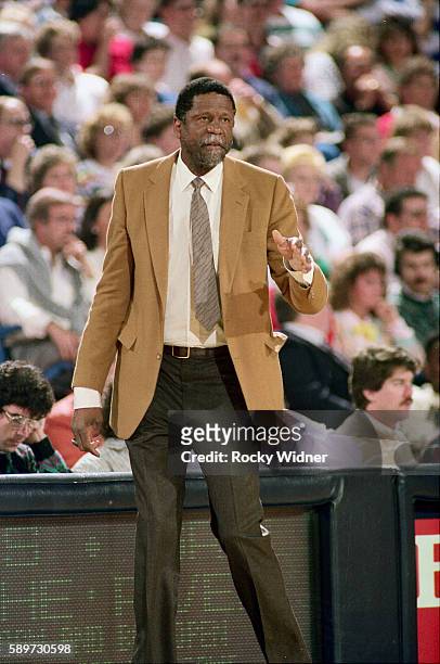 Head coach Bill Russell of the Sacramento Kings looks on during the game against the Portland Trail Blazers on February 11, 1988 at ARCO Arena in...