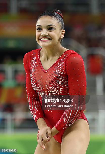 Lauren Hernandez of the United States reacts after competing in the Balance Beam Final on day 10 of the Rio 2016 Olympic Games at Rio Olympic Arena...