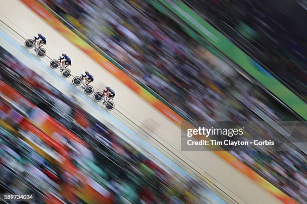 Track Cycling - Olympics: Day 8 The United States team of Sarah Hammer, Kelly Catlin, Chloe Dygert and Jennifer Valente winning the silver medal...