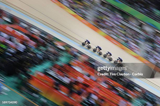 Track Cycling - Olympics: Day 8 The United States team of Sarah Hammer, Kelly Catlin, Chloe Dygert and Jennifer Valente winning the silver medal...