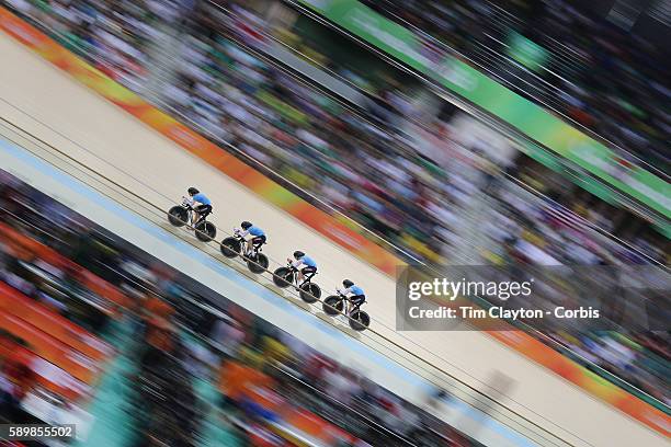 Track Cycling - Olympics: Day 8 The Canadian team of Allison Beveridge, Jasmin Glaesser, Kirsti Lay and Georgia Simmering winning the bronze medal...