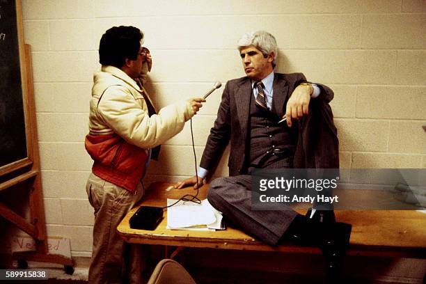 Head coach Del Harris of the Houston Rockets is interviewed after a game circa 1980 in Houston, Texas. NOTE TO USER: User expressly acknowledges and...
