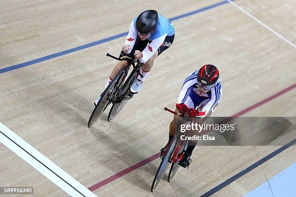 Mei Yu Hsiao of Chinese Taipei and Allison Beveridge of Canada competes in the Cycling Track Women's Omnium Individual Pursuit 2\6 on Day 10 of the...