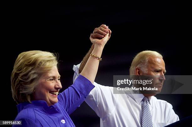 Scranton, PA Democratic Presidential nominee Hillary Clinton and US Vice President Joe Biden acknowledge the crowd at Riverfront Sports athletic...