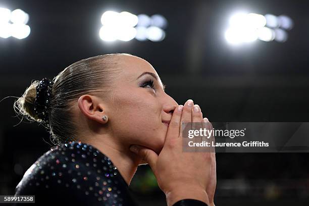 Sanne Wevers of the Netherlands celebrates winning the gold medal after the Balance Beam final on day 10 of the Rio 2016 Olympic Games at Rio Olympic...