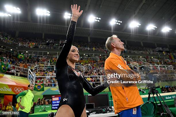 Sanne Wevers of the Netherlands celebrates winning the gold medal after the Balance Beam final on day 10 of the Rio 2016 Olympic Games at Rio Olympic...