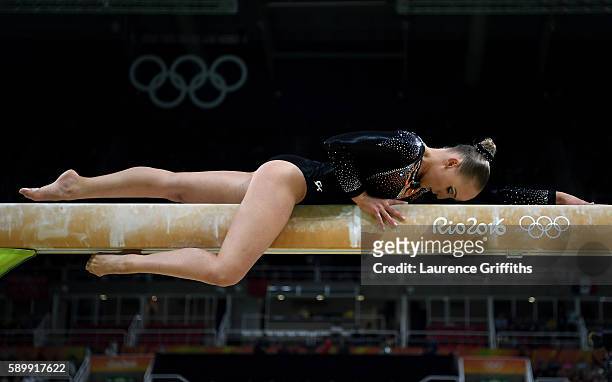Sanne Wevers of the Netherlands competes in the Balance Beam Final on day 10 of the Rio 2016 Olympic Games at Rio Olympic Arena on August 15, 2016 in...