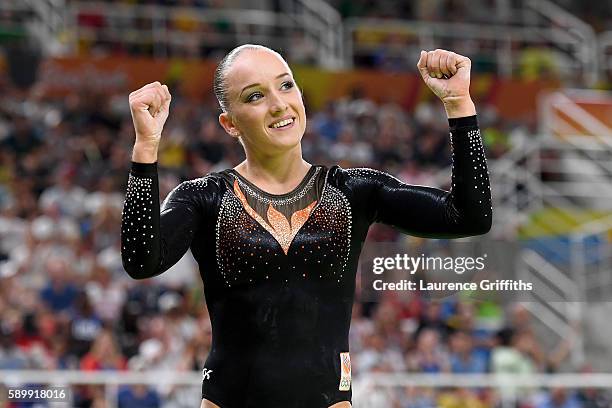 Sanne Wevers of the Netherlands celebrates after competing in the Balance Beam Final on day 10 of the Rio 2016 Olympic Games at Rio Olympic Arena on...