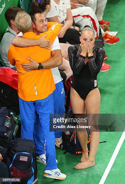 Sanne Wevers of the Netherlands celebrates her score after competing in the Balance Beam Final on day 10 of the Rio 2016 Olympic Games at Rio Olympic...