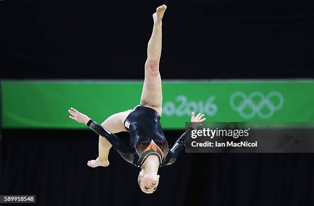 Sanne Wevers of the Netherlands on her way to winning Gold in the Final of The Beam at Rio Olympic Arena on August 15, 2016 in Rio de Janeiro, Brazil.