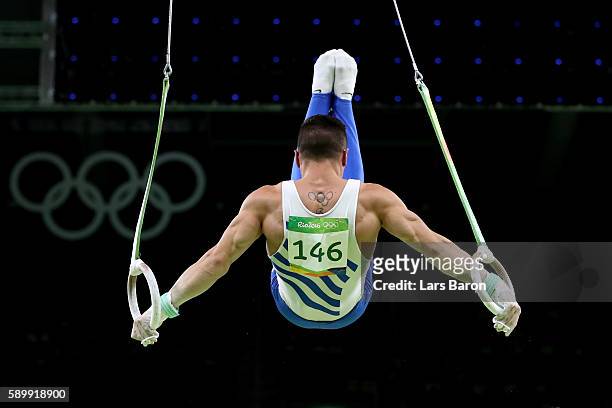 Eleftherios Petrounias of Greece competes in the Men's Rings Final on day 10 of the Rio 2016 Olympic Games at Rio Olympic Arena on August 15, 2016 in...