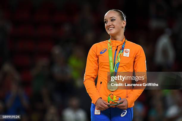 Gold medalist Sanne Wevers of the Netherlands celeberates on the podium at the medal ceremony for the Balance Beam on day 10 of the Rio 2016 Olympic...