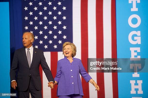 Scranton, PA Democratic Presidential nominee Hillary Clinton and US Vice President Joe Biden acknowledge the crowd at Riverfront Sports athletic...