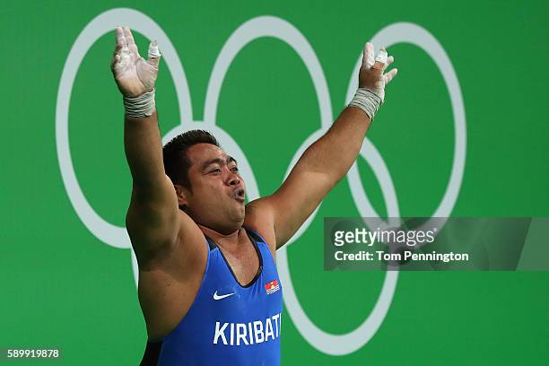David Katoatau of Kiribati reacts during the Men's 105kg Group B Weightlifting event on Day 10 of the Rio 2016 Olympic Games at Riocentro - Pavilion...