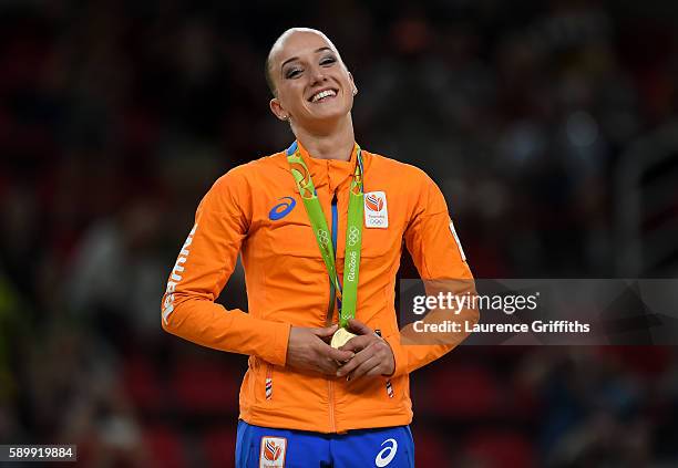 Gold medalist Sanne Wevers of the Netherlands celeberates on the podium at the medal ceremony for the Balance Beam on day 10 of the Rio 2016 Olympic...