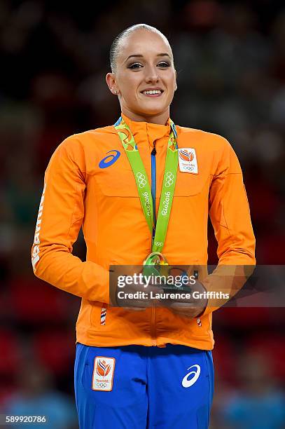 Gold medalist Sanne Wevers of the Netherlands celeberates on the podium at the medal ceremony for the Balance Beam on day 10 of the Rio 2016 Olympic...
