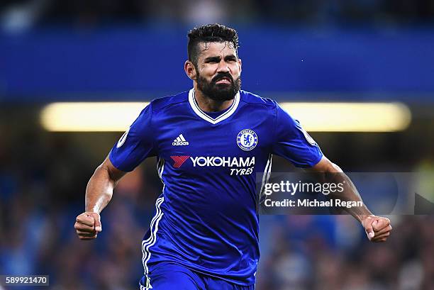 Diego Costa of Chelsea celebrates scoring his team's second goal during the Premier League match between Chelsea and West Ham United at Stamford...