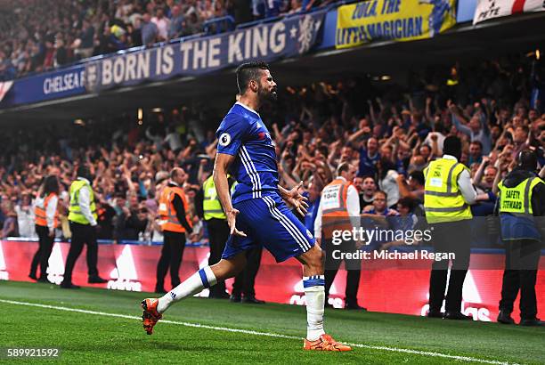 Diego Costa of Chelsea celebrates scoring his team's second goal during the Premier League match between Chelsea and West Ham United at Stamford...