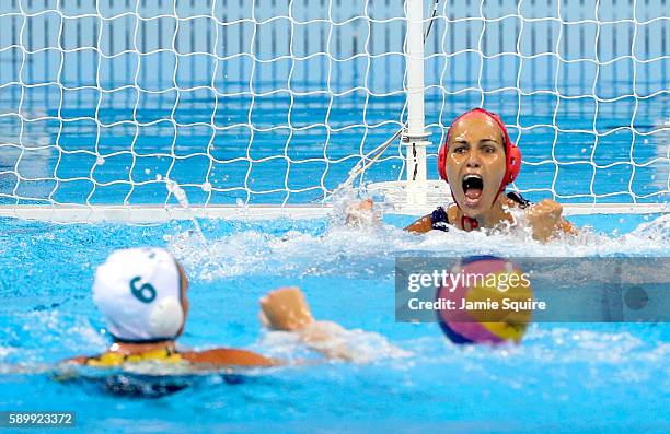 Goalkeeper Orsolya Kaso of Hungary reacts after a shot by Bronwen Knox of Australia hits the post during a shootout in their Women's Water Polo...