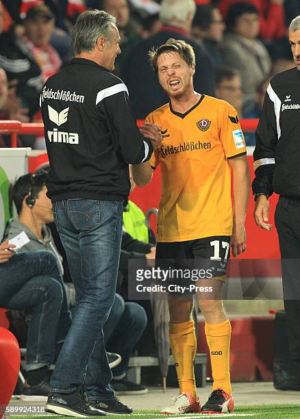 Headcoach Uwe Neuhaus and Andreas Lambertz of SG Dynamo Dresden during the game between 1 FC Union Berlin and Dynamo Dresden on August 15, 2016 in...