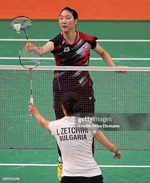 Ji Hyun Sung of Korea plays a match against Linda Zetchiri of Bulgaria on Day 10 of the 2016 Rio Olympics at Riocentro Pavillion on August 15, 2016...