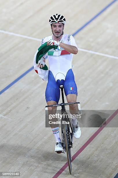 Elia Viviani of Italy celebrates after winning the Cycling Track Men's Omnium Points Race 6\6 on Day 10 of the Rio 2016 Olympic Games at the Rio...