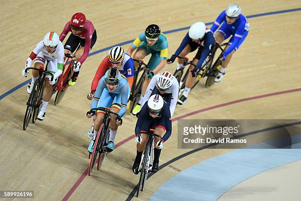 Sarah Hammer of the United States and Jolien D'Hoore of Belgium competes during the Cycling Track Women's Omnium Individual Pursuit 2\6 on Day 10 of...