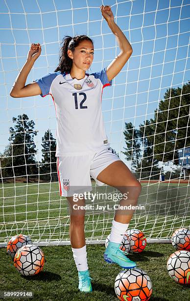 Forward with the Women's National Soccer Team Christen Press is photographed for Los Angeles Times on June 24, 2016 in Palos Verdes Estates,...