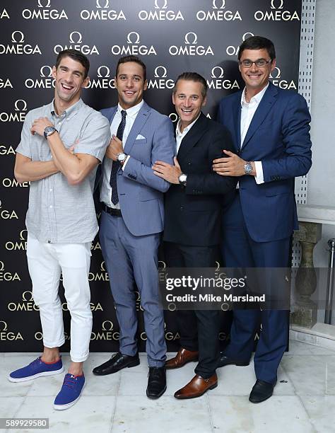 Chad le Clos, Michael Phelps, President Of Omega Raynald Aeschlimann and Aleksandr Popov pictured at Swimming Legends night at OMEGA House Rio 2016...