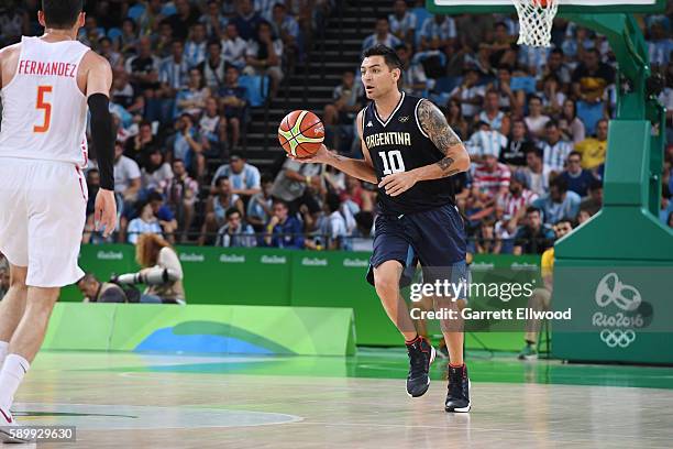 Carlos Delfino of Argentina handles the ball against Spain on Day 10 of the Rio 2016 Olympic Games at Carioca Arena 1 on August 15, 2016 in Rio de...