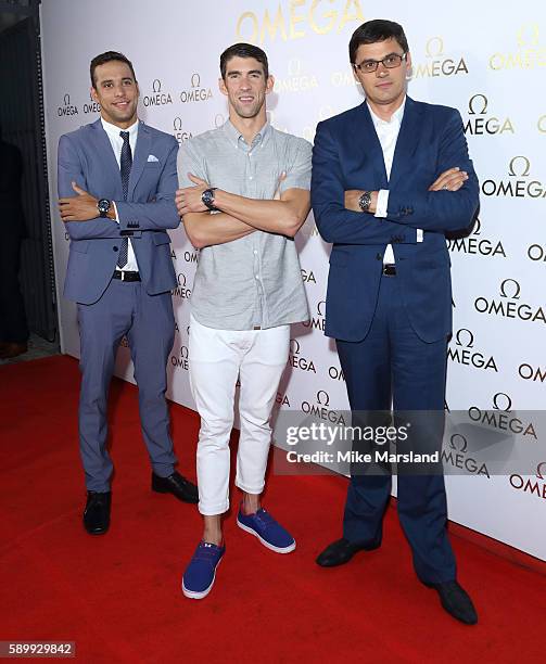 Chad le Clos, Michael Phelps and Aleksandr Popov pictured at Swimming Legends night at OMEGA House Rio 2016 on August 15, 2016 in Rio de Janeiro,...