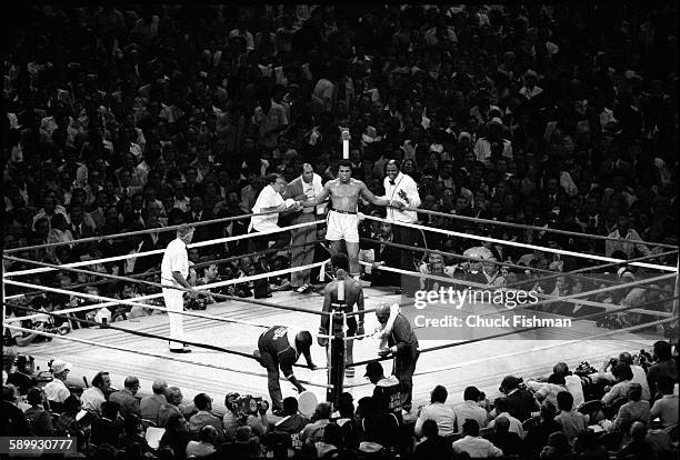 American heavyweight boxers Muhammad Ali and Leon Spinks in the ring during a championship bout, New Orleans, Louisiana, September 1978. Ali went on...