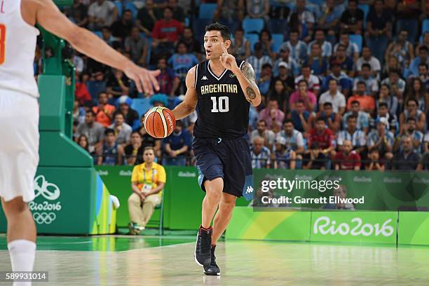 Carlos Delfino of Argentina handles the ball against Spain on Day 10 of the Rio 2016 Olympic Games at Carioca Arena 1 on August 15, 2016 in Rio de...