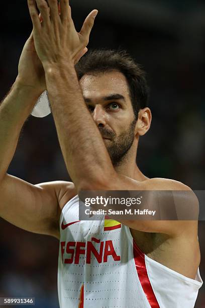 Jose Calderon of Spain celebrates after defeating Argentina 92-73 in a Men's Basketball Preliminary Round Group B game on Day 10 of the Rio 2016...