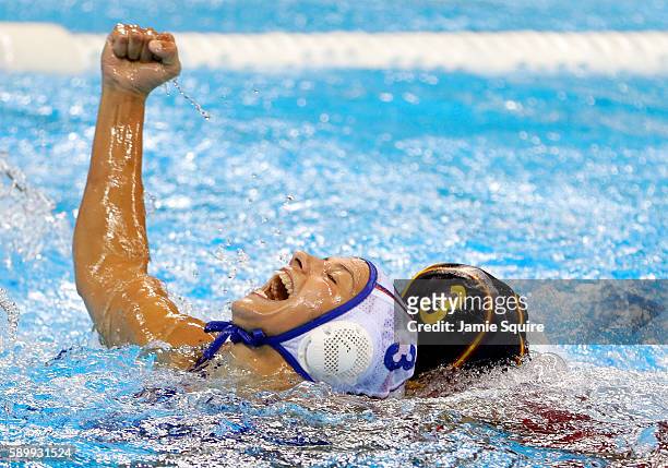 Ekaterina Prokofyeva of Russia celebrates after scoring a goal during the Women's Water Polo quarterfinal match at the Rio 2016 Olympic Games on...